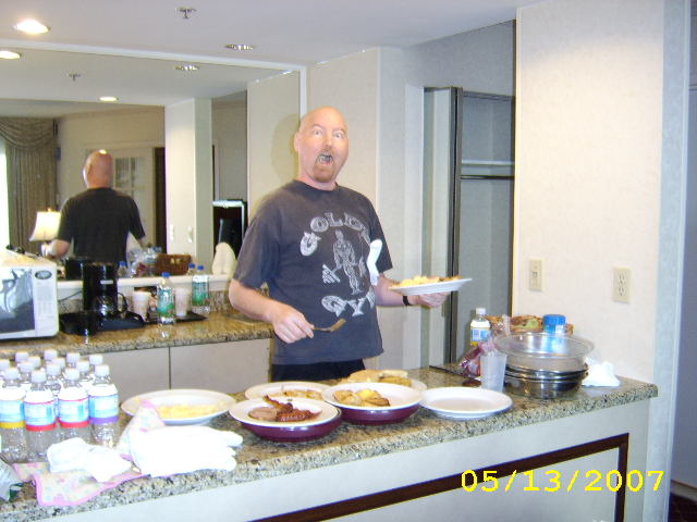 JAJF man enjoying breakfast in hotel room treating the families not the cancer 