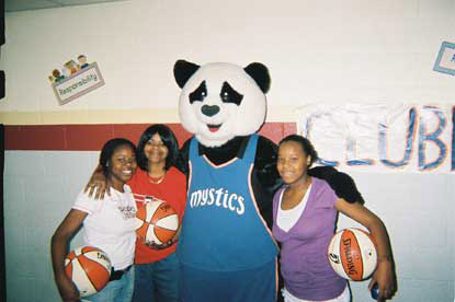 JAJF women with Mystics mascot having a WOW experience 
