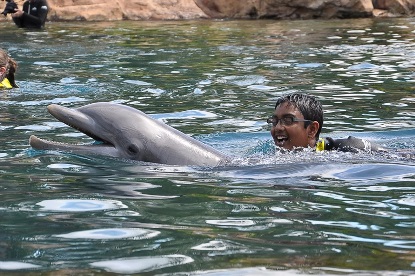 JAJF young boy swimming with dolphins taking a timeout from late stage cancer 