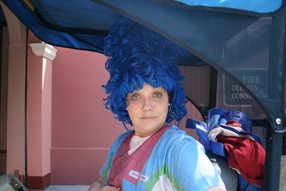 JAJF woman in blue wig taking a timeout from late stage cancer 