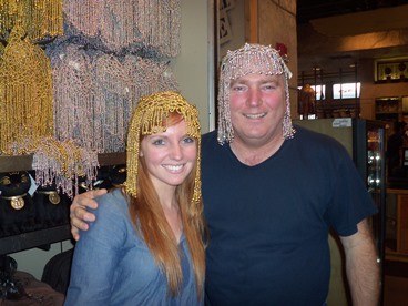 woman and man wearing wigs at Universal Studios 