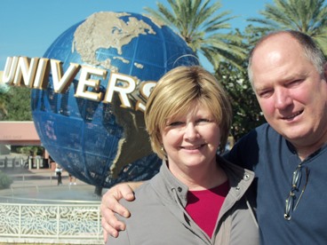 JAJF couple in front of Universal Studios globe 