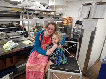 JAJF mom and young daughter in restaurant kitchen 