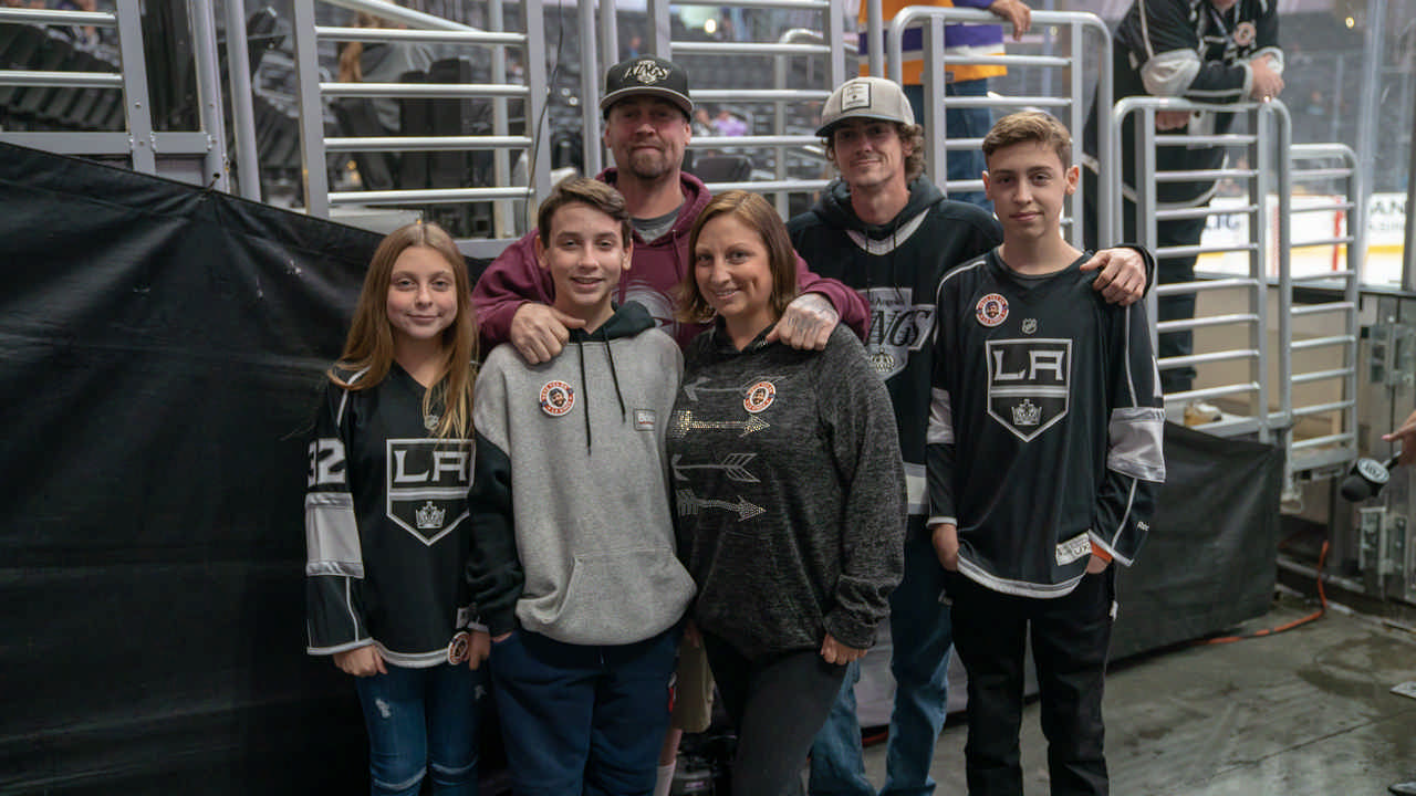 family at LA King NHL hockey game on a Jack and Jill Foundation WOW experience 