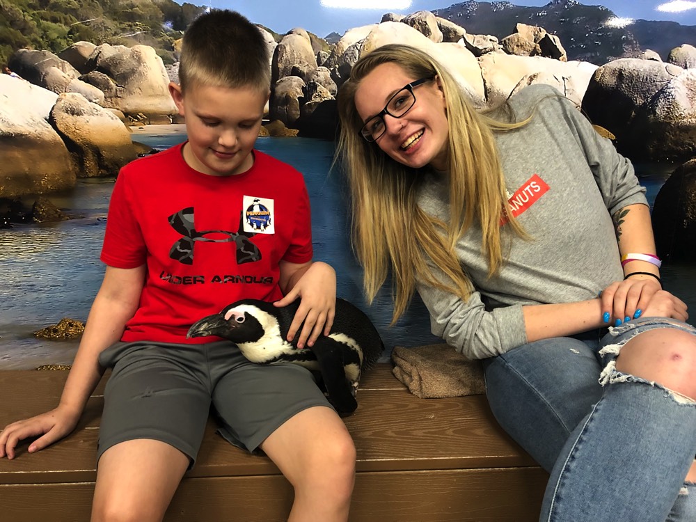 young boy holding penguin on a JAJF WOW experience 